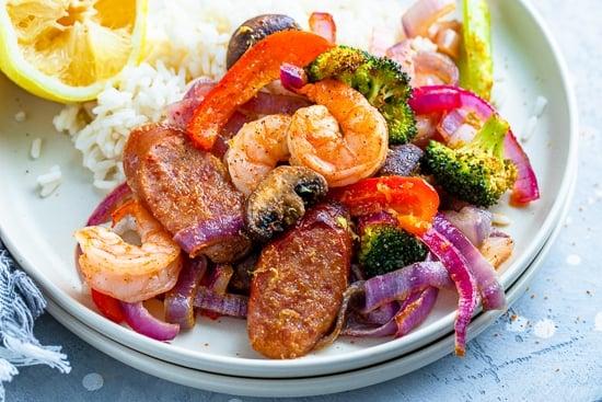 Shrimp and Andouille with veggies.
