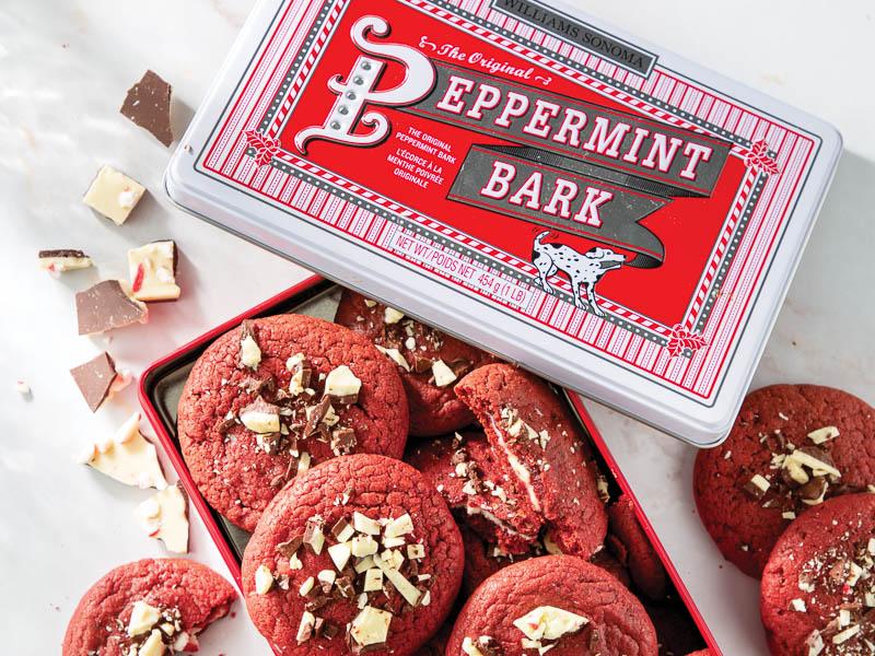 peppermint bark-stuffed red velvet cookies