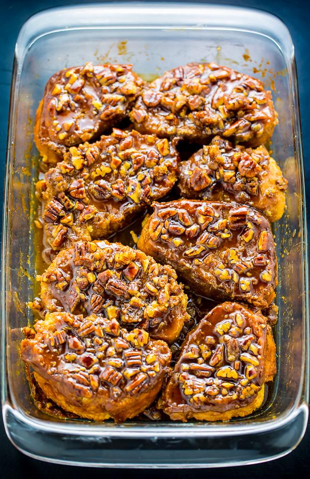 Incredibly EASY Overnight Pecan Pie French Toast! Perfect for holiday brunch. Get the recipe on BakerbyNature.com