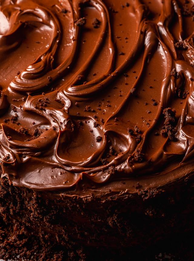 Chocolate buttercream on top of devil's food cake.