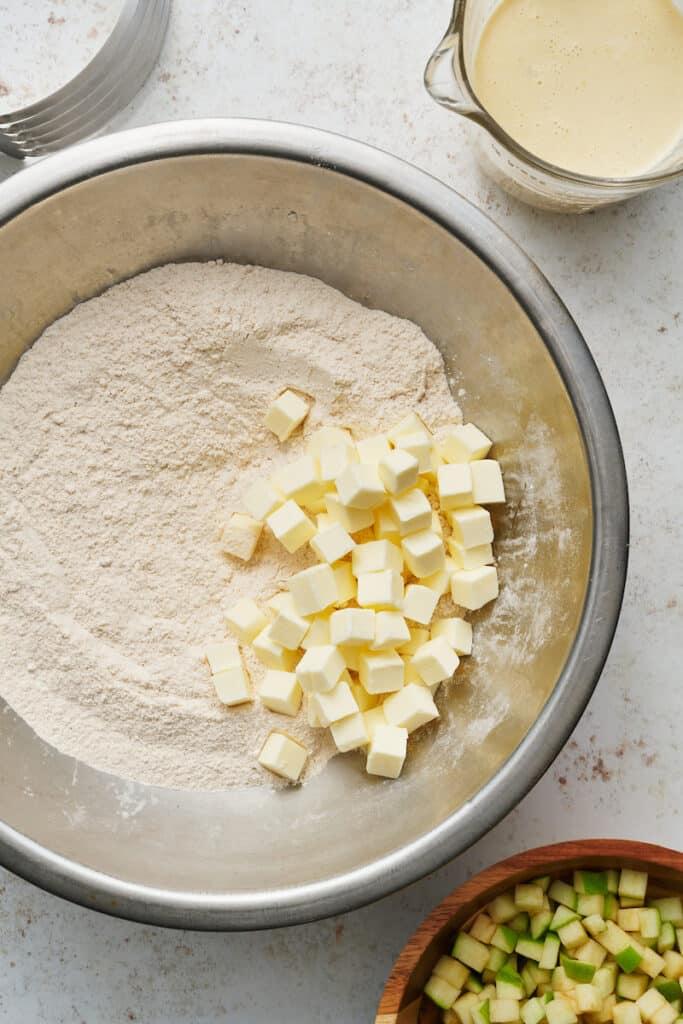 Butter cut into the flour for scone dough.