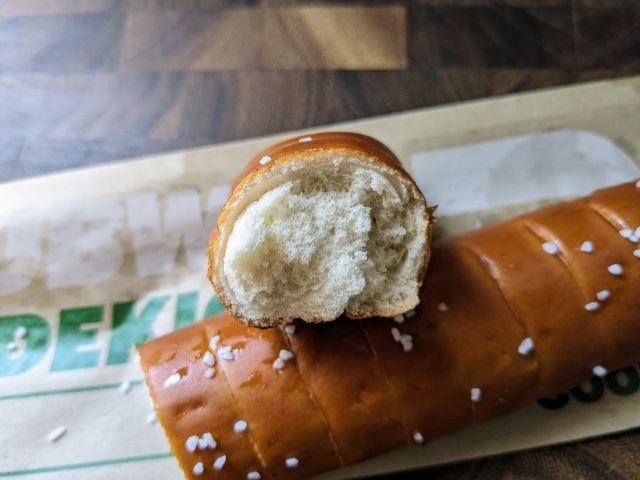 The cross-section of a Subway Footlong Pretzel.