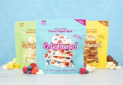 Pouches of all three flavors of Enlightened Frozen Yogurt Bark.