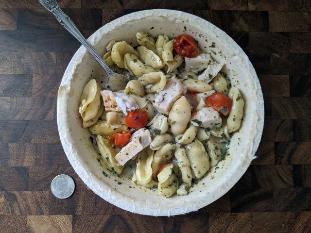 Marie Callender's Grilled Chicken Pesto Pasta Bowl top-down view.