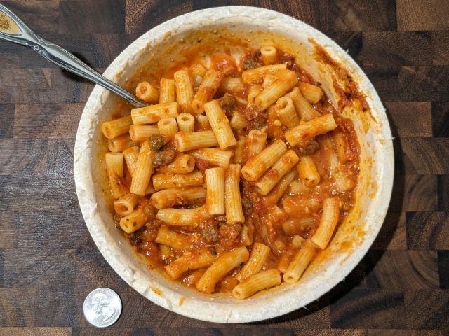 Marie Callendar's Rigatoni Bolognese Bowl top-down view.