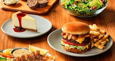 Outback's Aussie 3-Course Meal with burger, salad, and cheesecake.