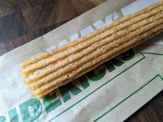 Close-up of a Subway Footlong Churro.