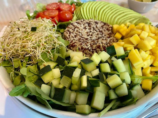 salad platter, avocado, tomatoes, cucumber, mango