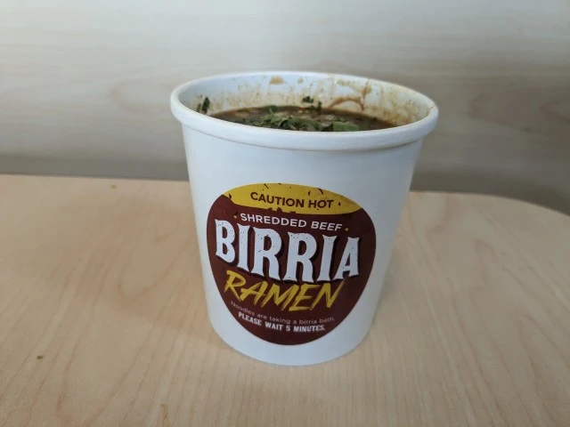 Side-view of Del Taco's Birria Ramen.