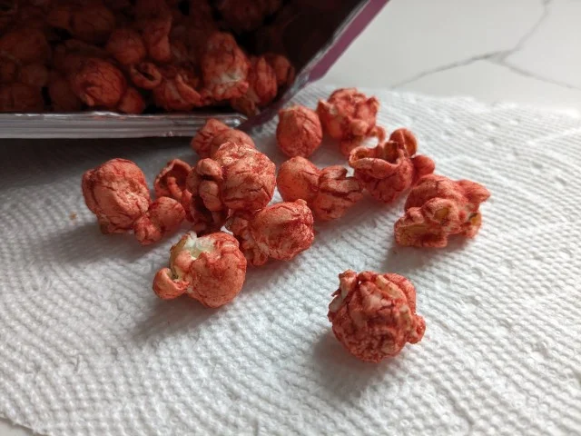 Close-up of Cinnamon Sugar Flamin' Hot Cheetos Popcorn.