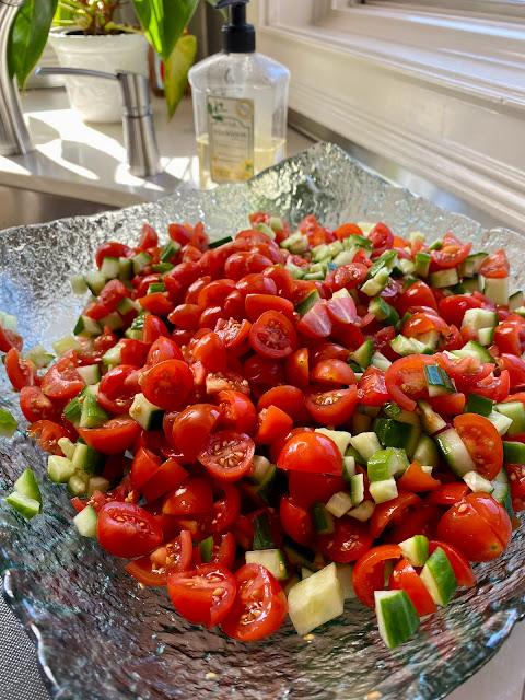 cherry tomato and cucumber chopped salad, vegan