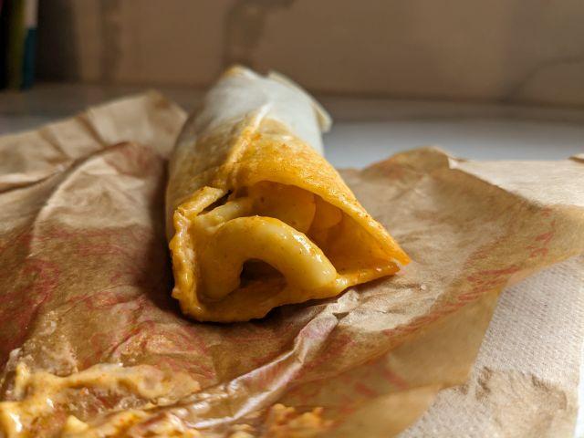 The open end of a Spicy Mac & Cheese KFC Wrap.