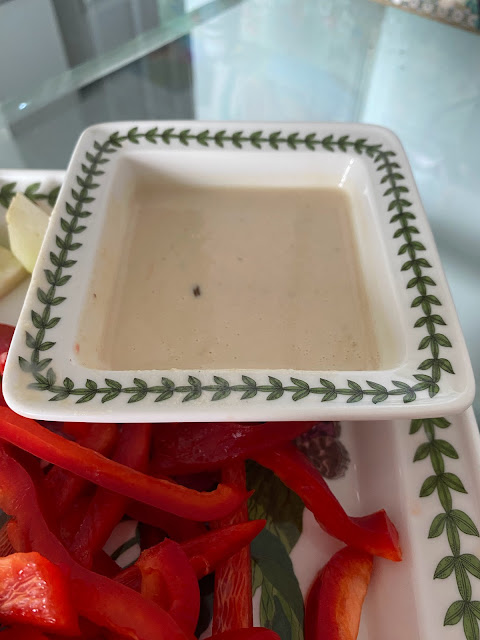 red pepper strips with tahini dip