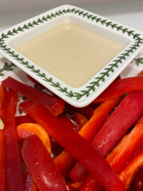 tahini dip, red pepper strips, vegan, gluten-free