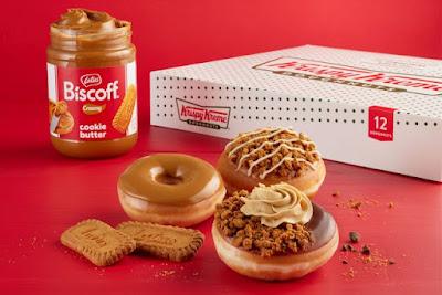 Krispy Kreme's trio of 2024 Biscoff Donuts on a plate next to a jar of Biscoff cookie butter.