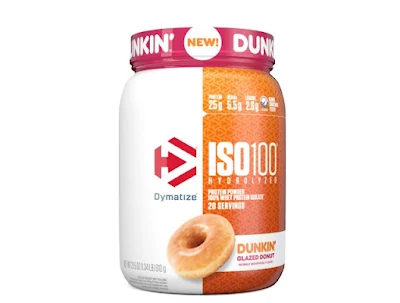 A tub of Dymatize ISO100 Dunkin' Glazed Donut-flavored protein powder.