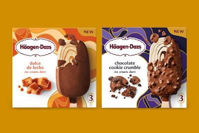 Häagen-Dazs Dulce De Leche and Chocolate Cookie Crumble ice cream bar boxes.