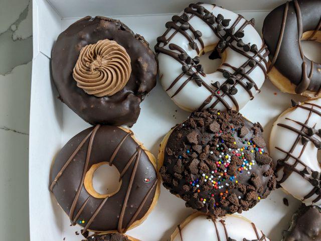 Close up of Krispy Kreme's Chocomania Donuts.