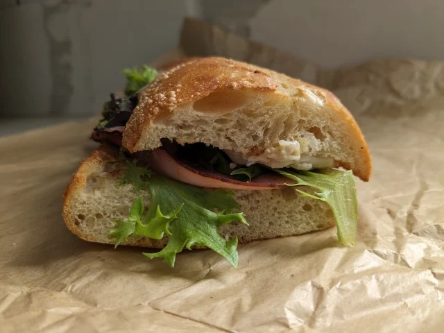 Cross-section of Panera's Chicken Cordon Bleu Melt.