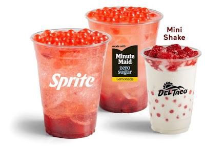 Del Taco's new Double Strawberry Poppers drinks and shake.