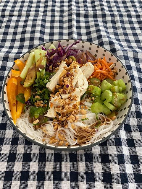 Vegan Vietnamese spring roll bowl of noodles and vegetables