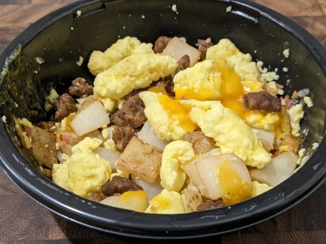 Close up of Aldi's Breakfast Best Meat Lovers Breakfast Bowl.