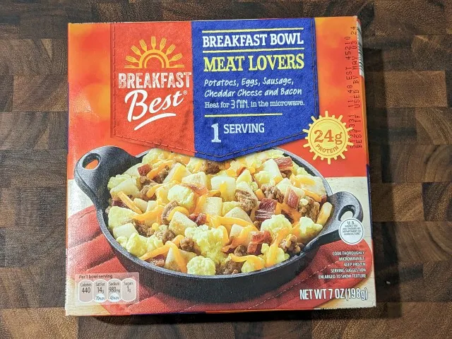 Aldi's Breakfast Best Meat Lovers Breakfast Bowl packaging.