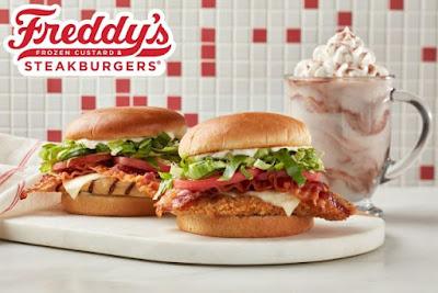 Freddy's new Chicken Club Sandwiches and Frozen Hot Chocolate Shake.