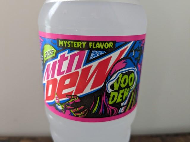 Close-up of label of a bottle of Mtn Dew Voodew 2023.