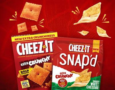 Boxes of Cheez-It Extra Crunchy Bold Cheddar and Sharp White Cheddar Snap'd flavors.