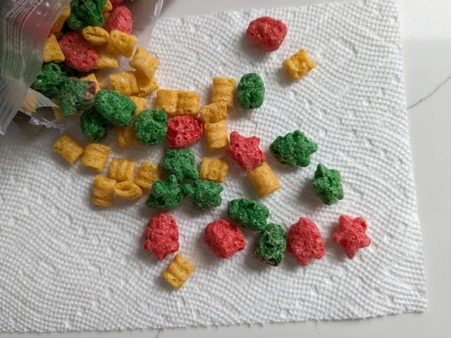 Close up of the holiday shapes in Cap'n Crunch's Christmas Crunch Cereal.