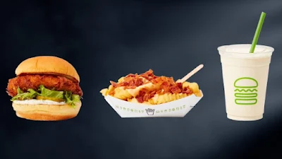 Shake Shack's Chicken Shack, Bacon Cheese Fries, and shake.