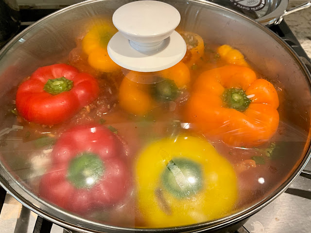 skillet with stuffed peppers, vegan