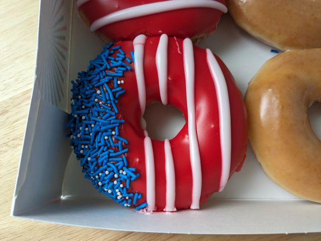 Krispy Kreme Freedom Flag Donut close-up.