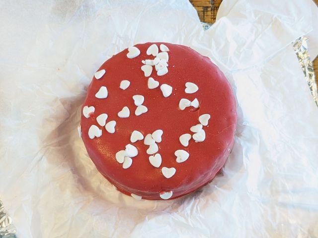 Top-down view of Mod Pizza's Red Velvet No Name Cake.