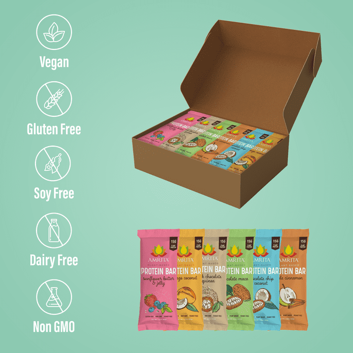 Image of an Amrita health Foods starter box which contains one of every flavor of the vegan high protein clean eating bars.