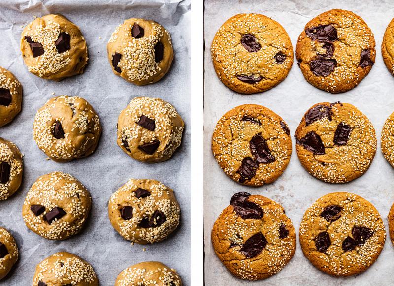 vegan choc chip cookies tahini before after