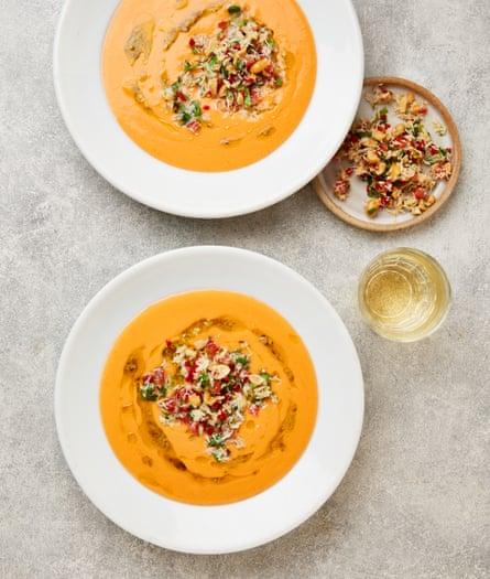 Yotam Ottolenghi’s summer tomato soup with crab and salted peanuts.