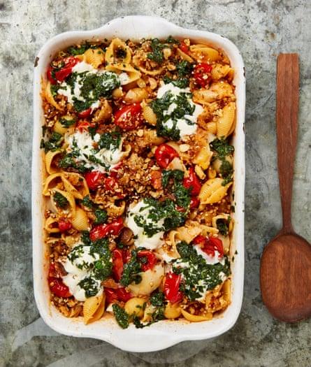 Yotam Ottolenghi’s confit tomato pasta with dukkah pangrattato.