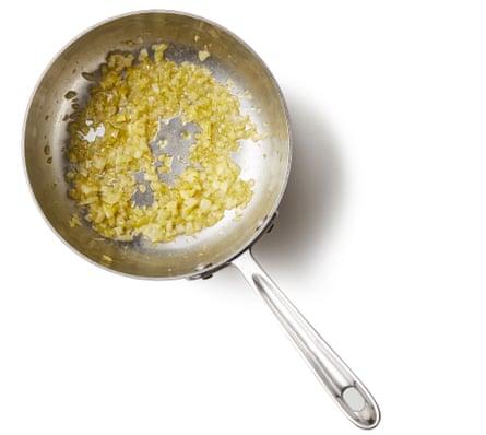 Chopped-up onion fried in a pan