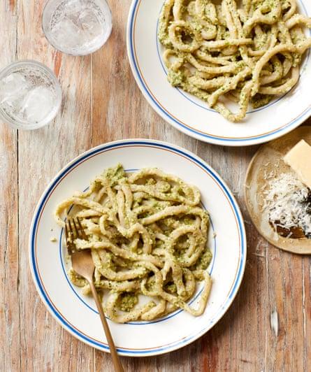 Rukmini lyer’s pici with broccoli and walnut pesto.