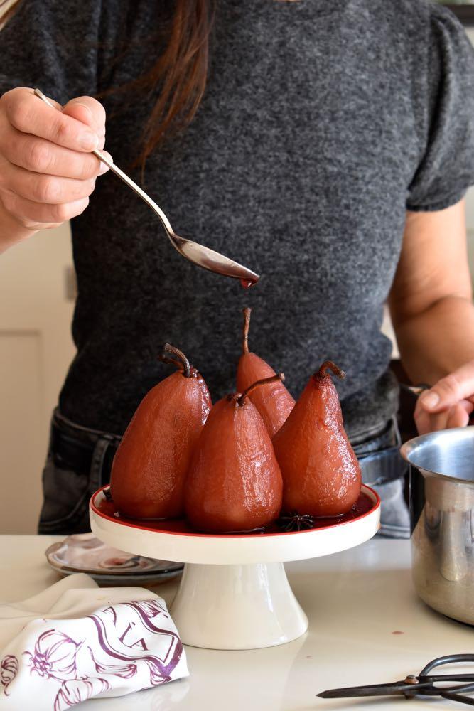 Pears poached in red wine