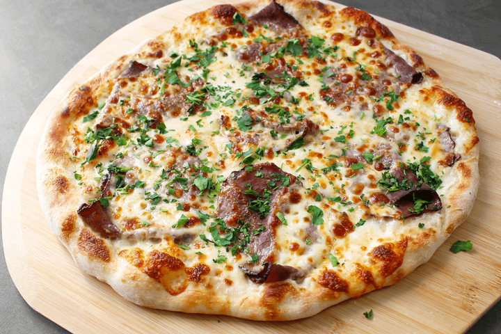 Roast beef pizza out of the oven