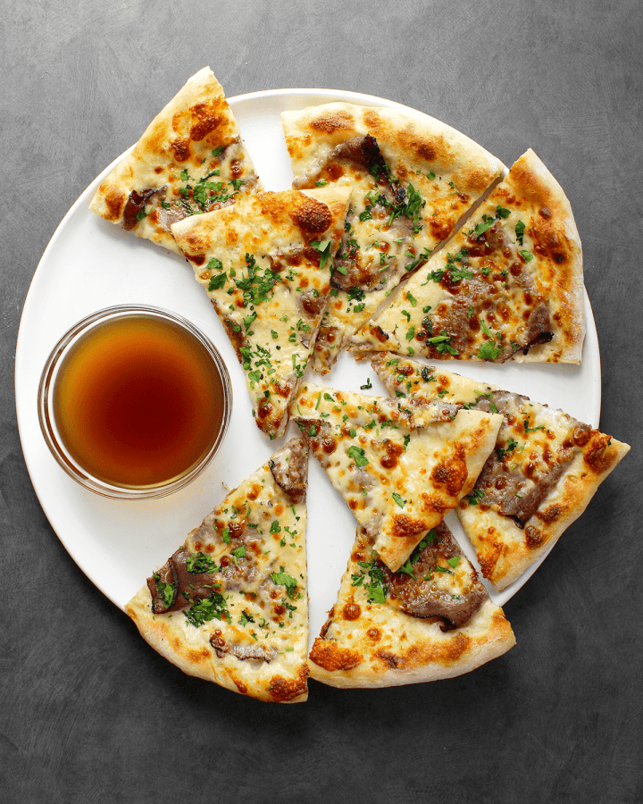 Roast beef pizza with au jus (French Dip Pizza)
