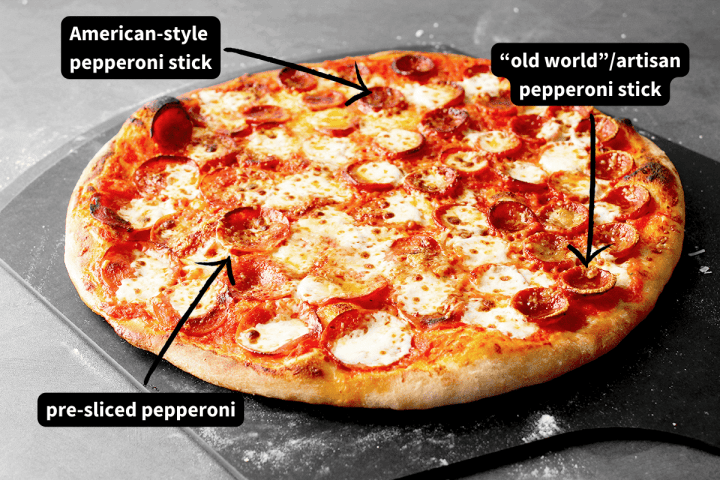 different pepperoni types on baking stone pizza