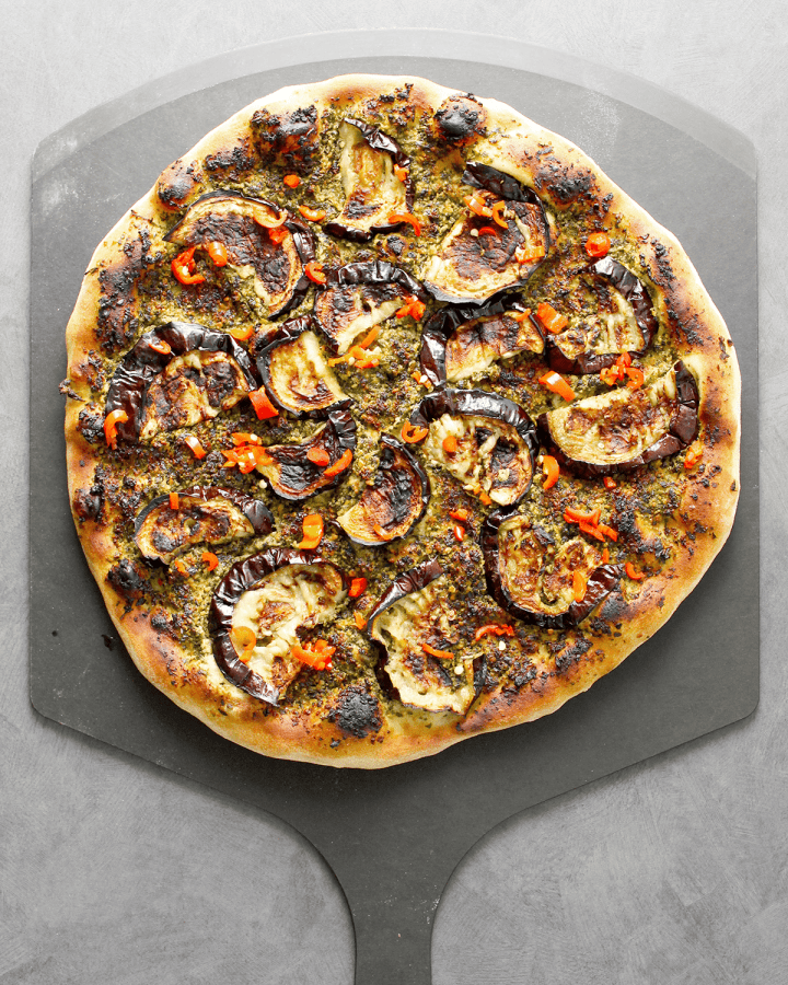 Thursday Night Pizza's Vegan Pesto and Eggplant Pizza, finished on peel