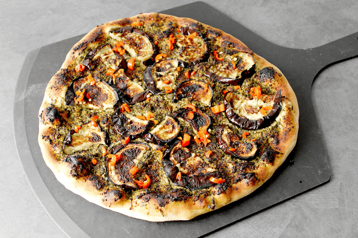 Thursday Night Pizza's Vegan Pesto and Eggplant Pizza, finished on peel