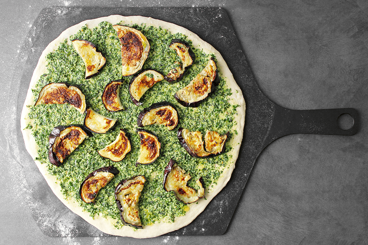 vegan pesto and eggplant pizza before baking