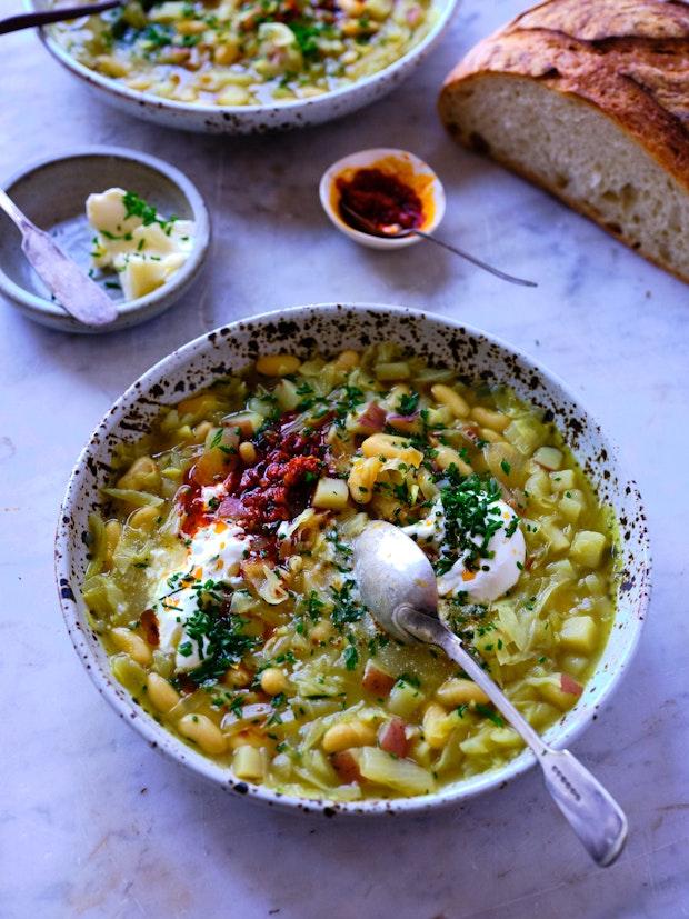 Soup and Sourdough Bread on a Table