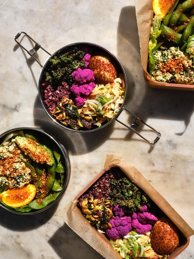 A sampling of lunch ideas arranged on a marble table